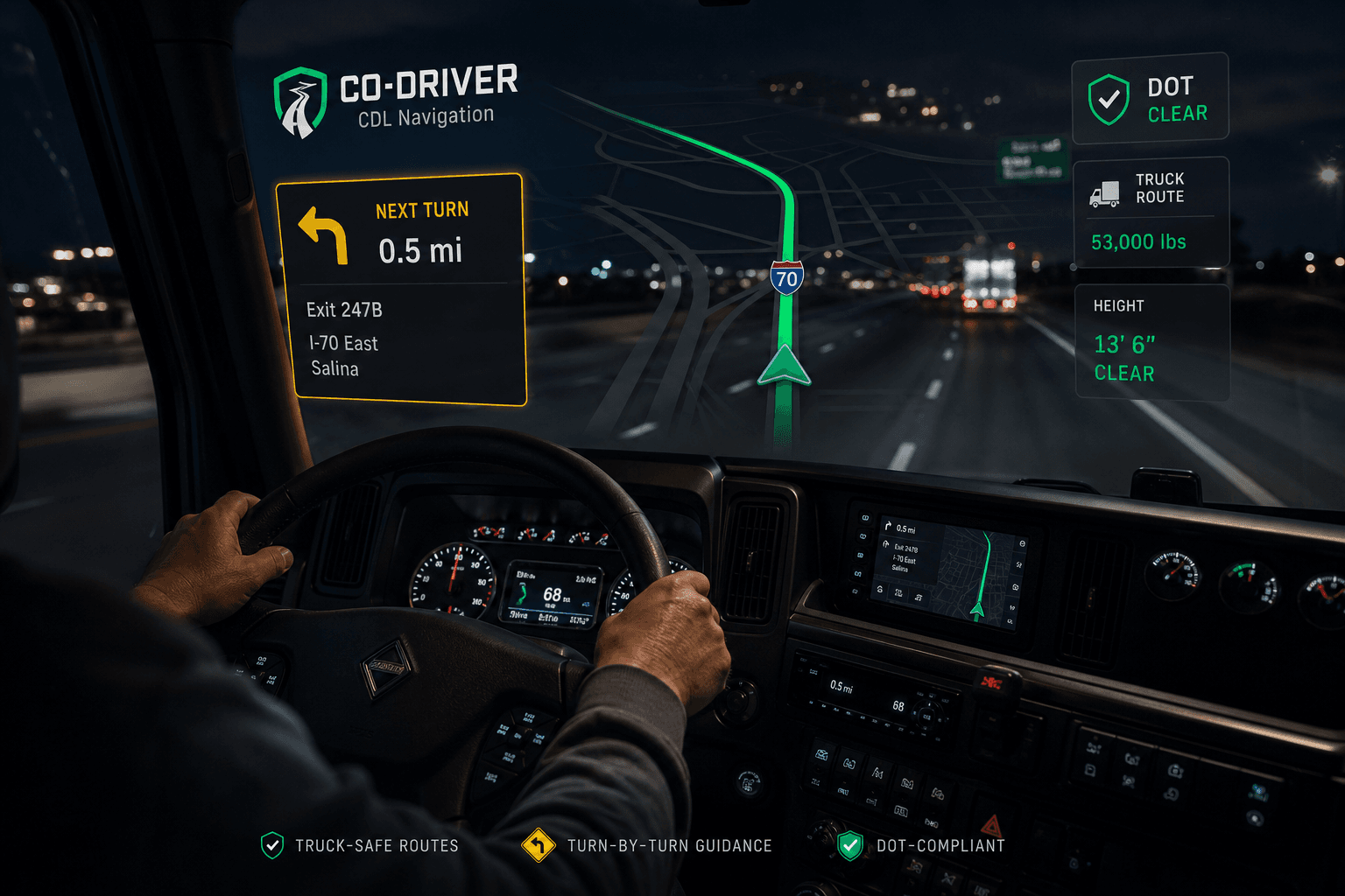 Co-Driver CDL truck navigation in the cab at night