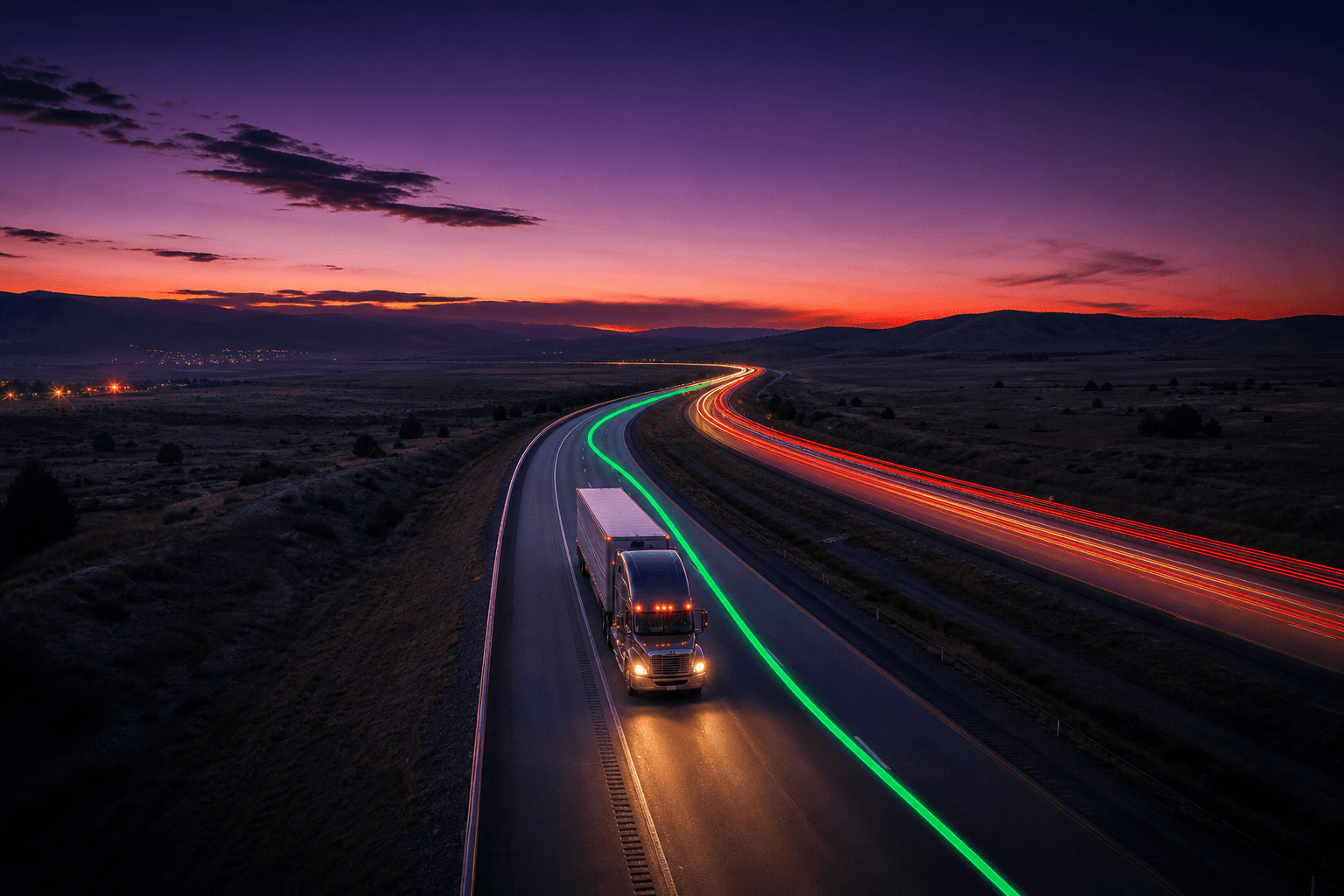 Truck route on interstate at dusk