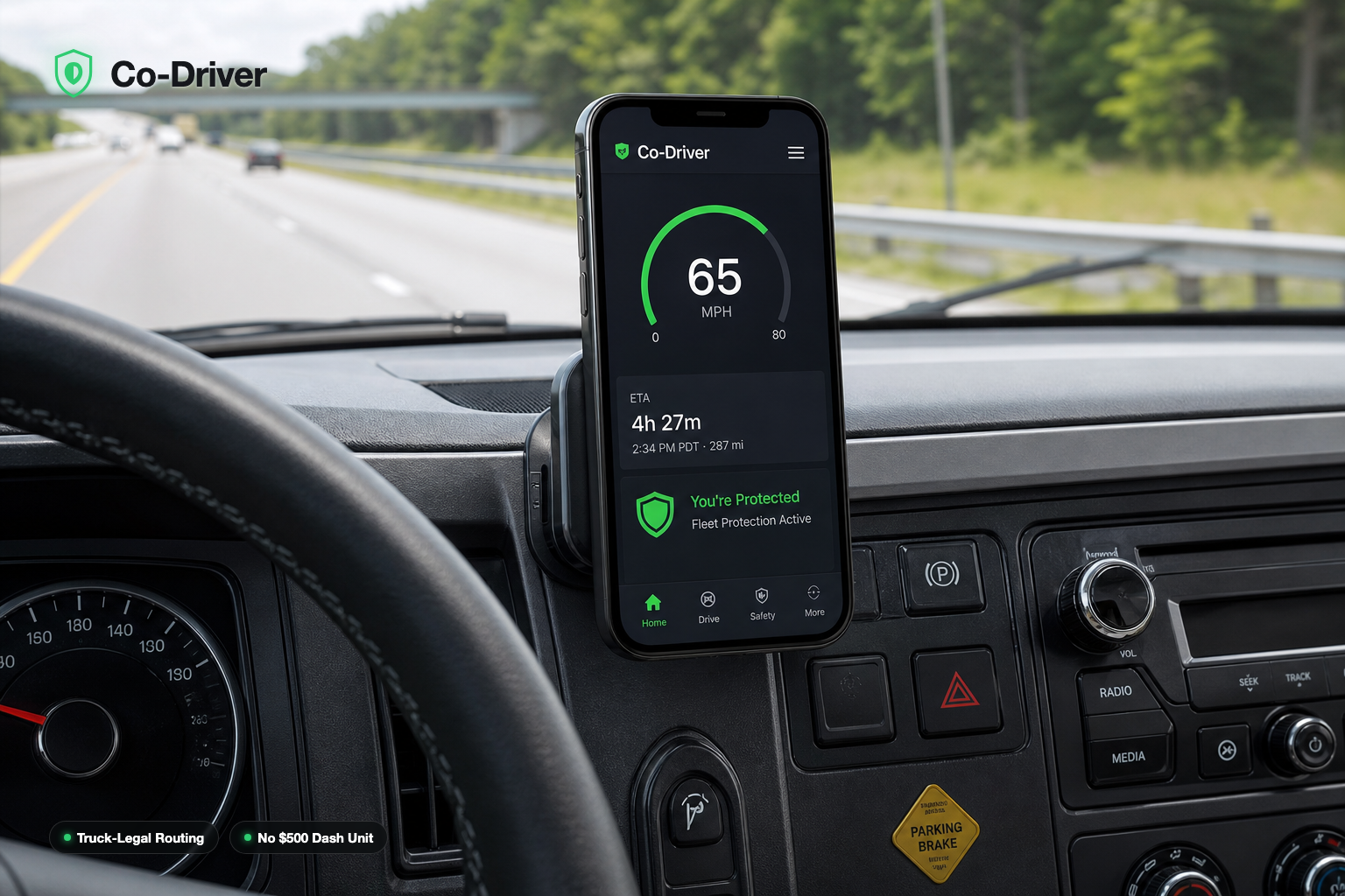 Phone mounted on the dash showing live speed and ETA, Co-Driver branding overlay