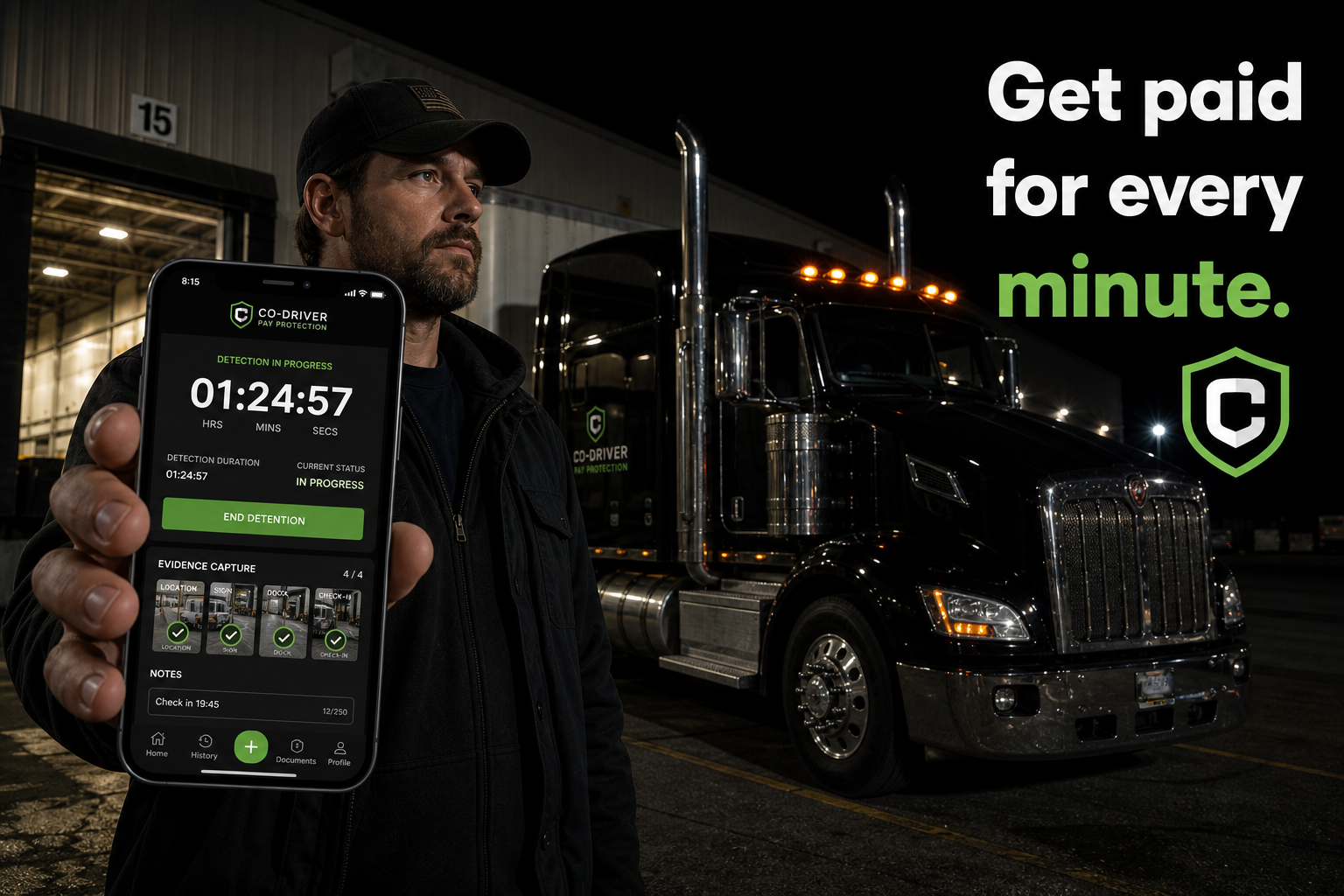 Driver holding a phone showing Co-Driver Pay Protection's detention timer in progress and evidence capture, truck behind him — 'Get paid for every minute.'